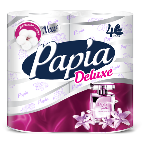 фото Туалетная бумага Papia Deluxe Dolce vita белая четырёхслойная, 4 рул.