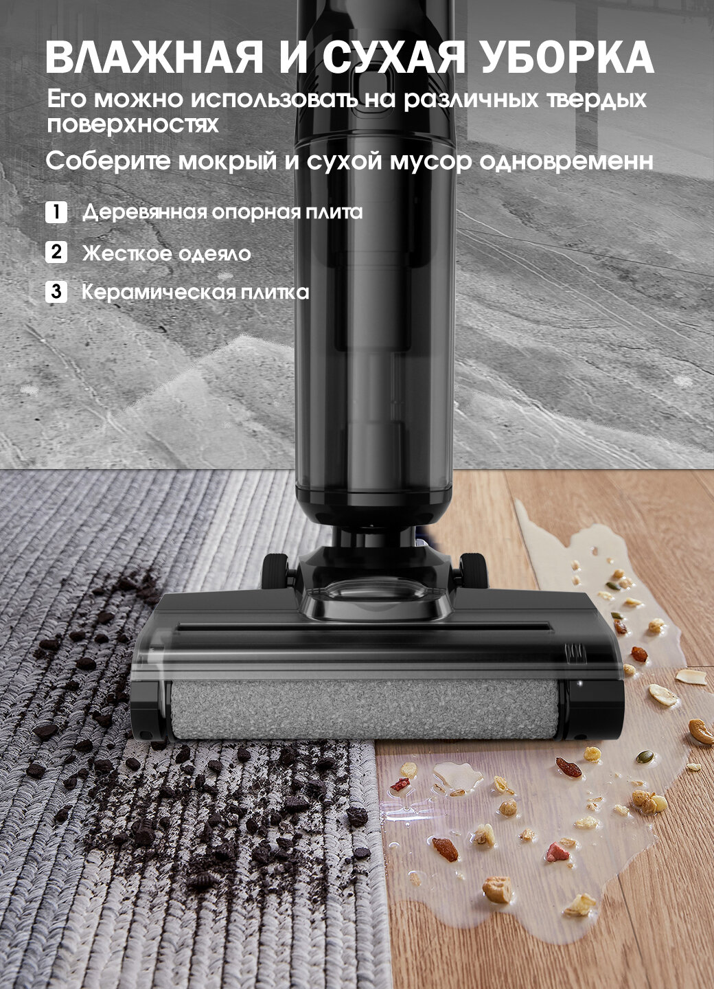 Вертикальный моющий пылесос беспроводной SUITFU V10 ,3в1 для влажной и сухой уборки с самоочисткой — фото 1