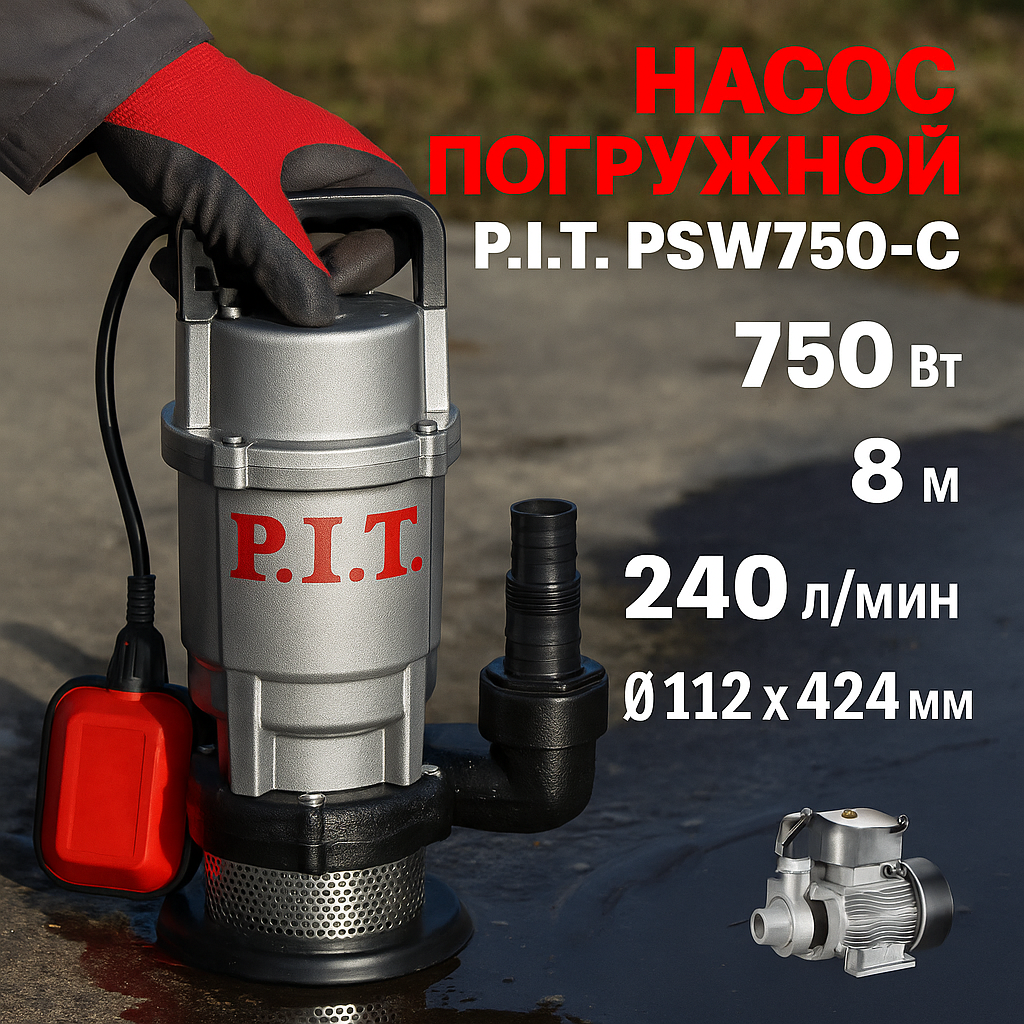 Погружной насос PIT PSW750-C, 750 Вт, 250 л/мин, глубина погружения 8 м