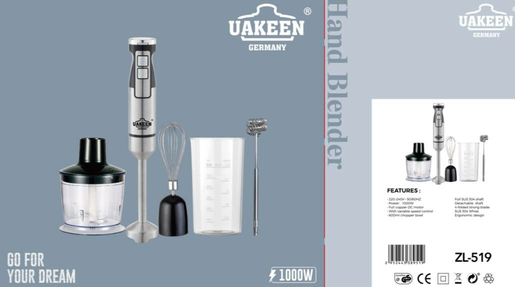 Погружной блендер "UAKEEN" ZL-519, мощность 1000 Вт, металлический корпус