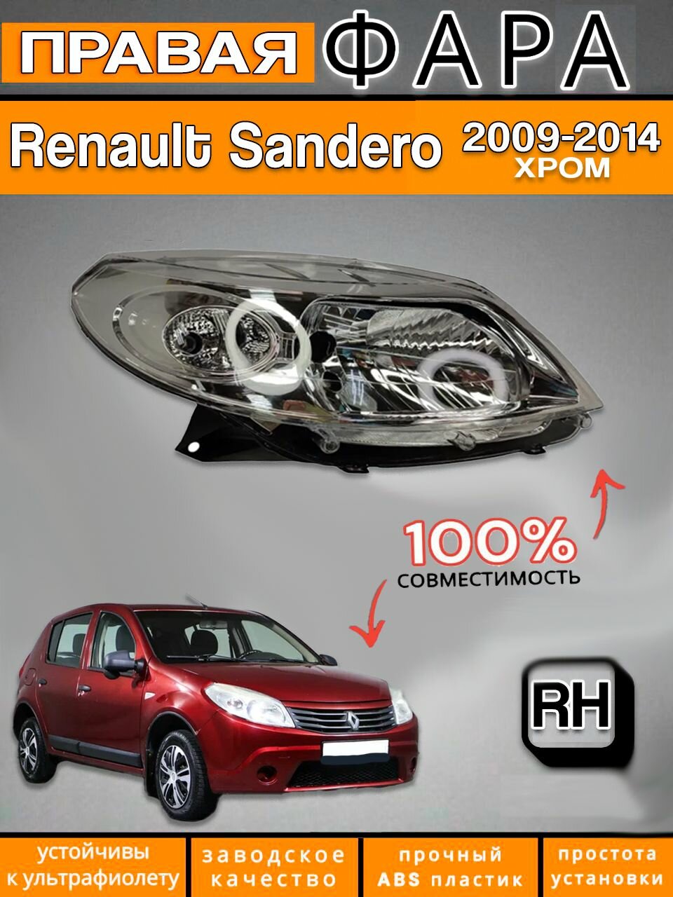 Фара Рено Сандеро Хром Renault Sandero 2009-2014 правая