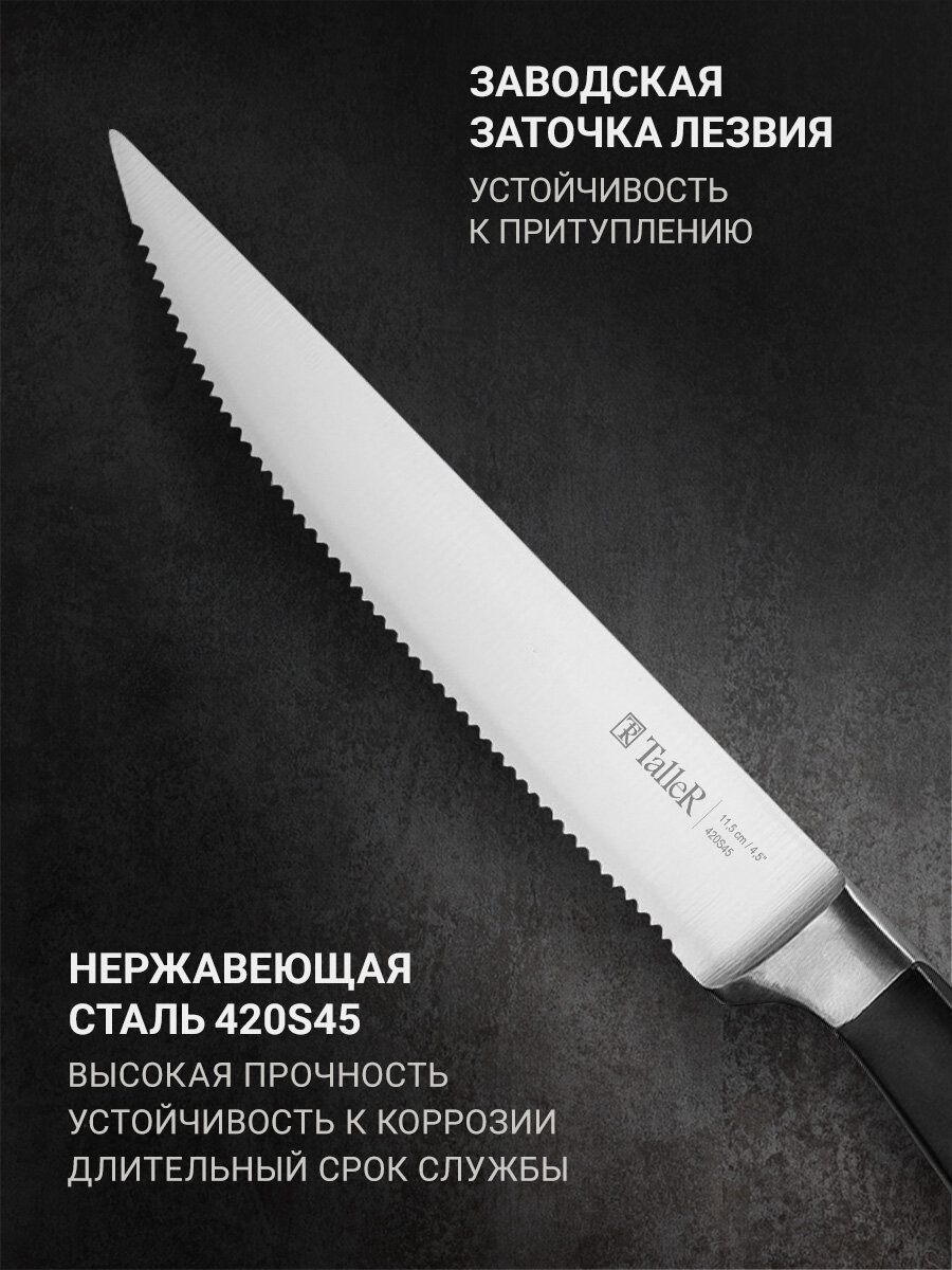 Нож кухонный для стейка TalleR TR-22022 Акросс, лезвие 11.5 см, нержавеющая сталь — фото 1
