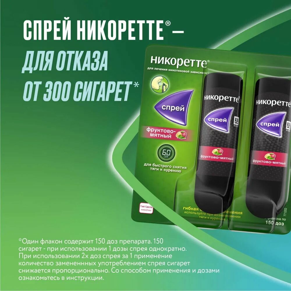 Картинки Никоретте, спрей для полости рта (фруктово-мятный) 1 мг/доза, 2 флакона (150 доз)