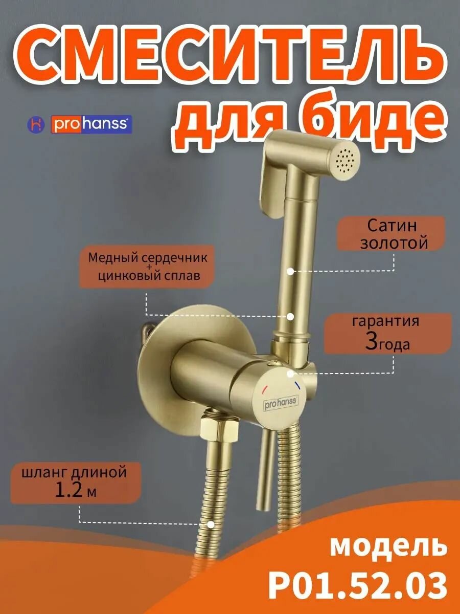Prohanss Смеситель для биде с гигиеническим душем встраиваемый латунь+цинковый сплав P01.52.03