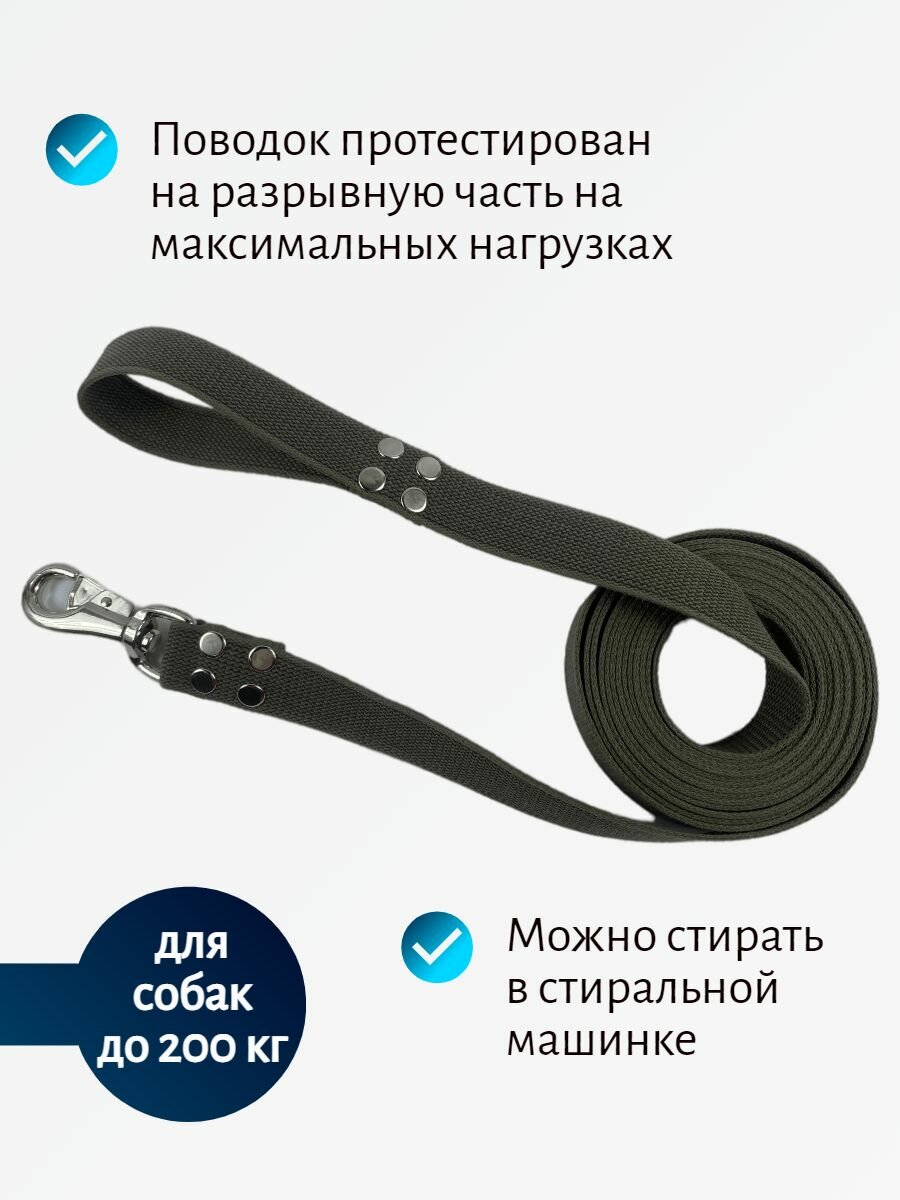 Поводок Хвостатыч для собак крупных пород с бычьим карабином 5 м х 35 мм брезент (зеленый) — фото 1