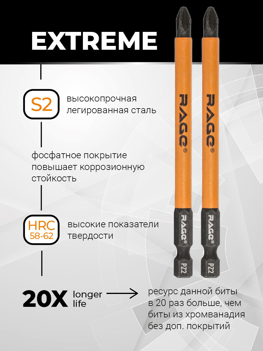 Биты магнитные S2 PZ2 х 100 мм 10 шт RAGE by VIRA — фото 1