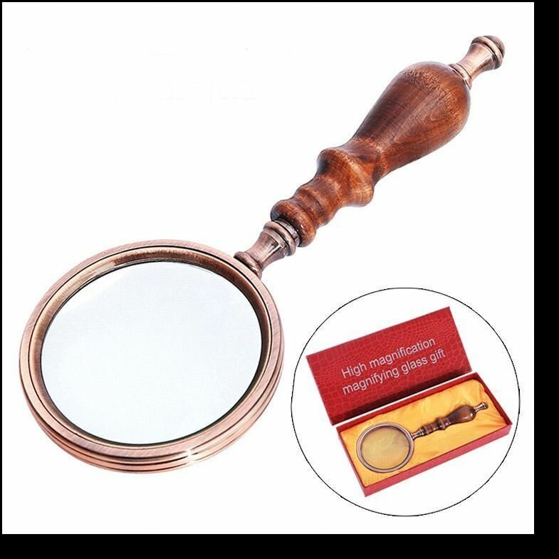 Лупа ручная 10Х-90мм рукоять натуральное дерево обод металл под бронзу (2280)