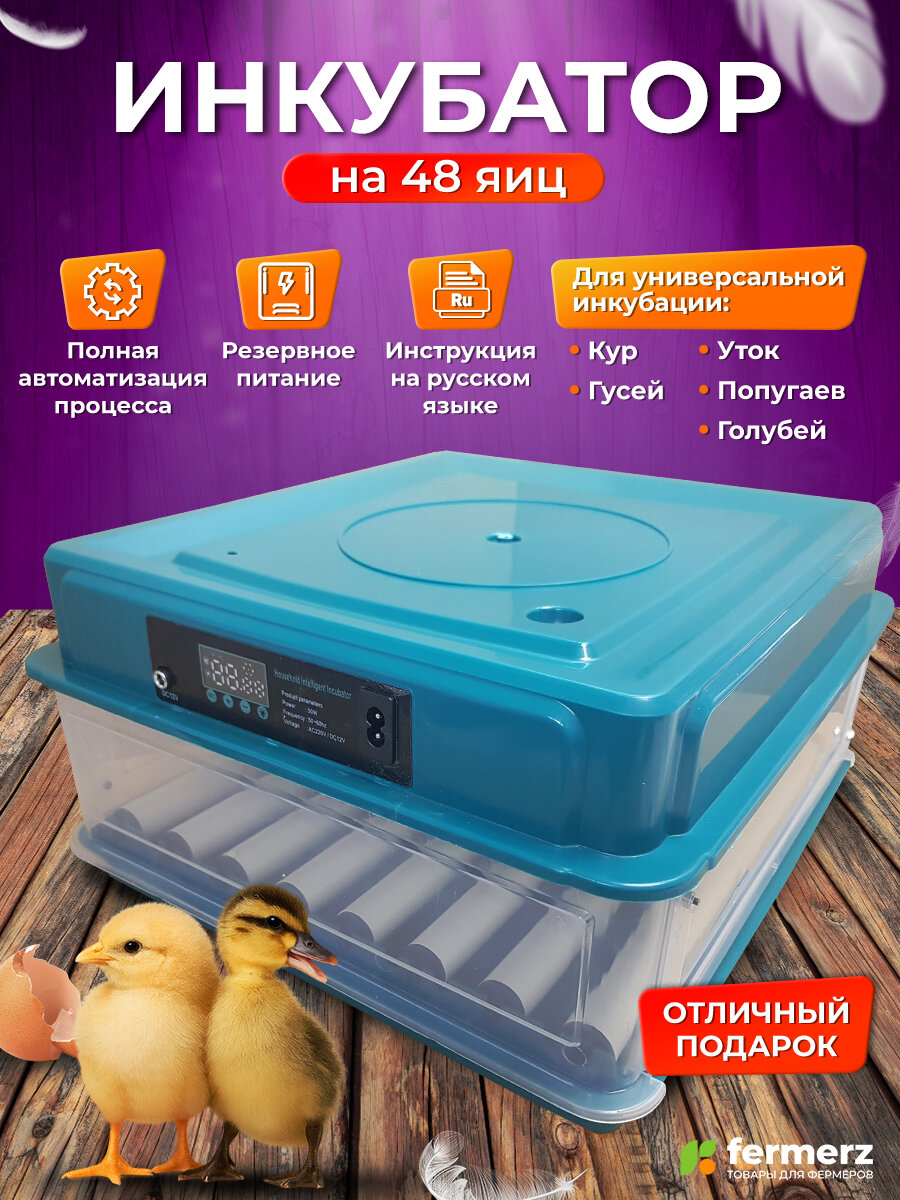 Инкубатор для яиц автоматический на 48 куриных яиц с резервным питанием автоматическим переворотом и овоскопом