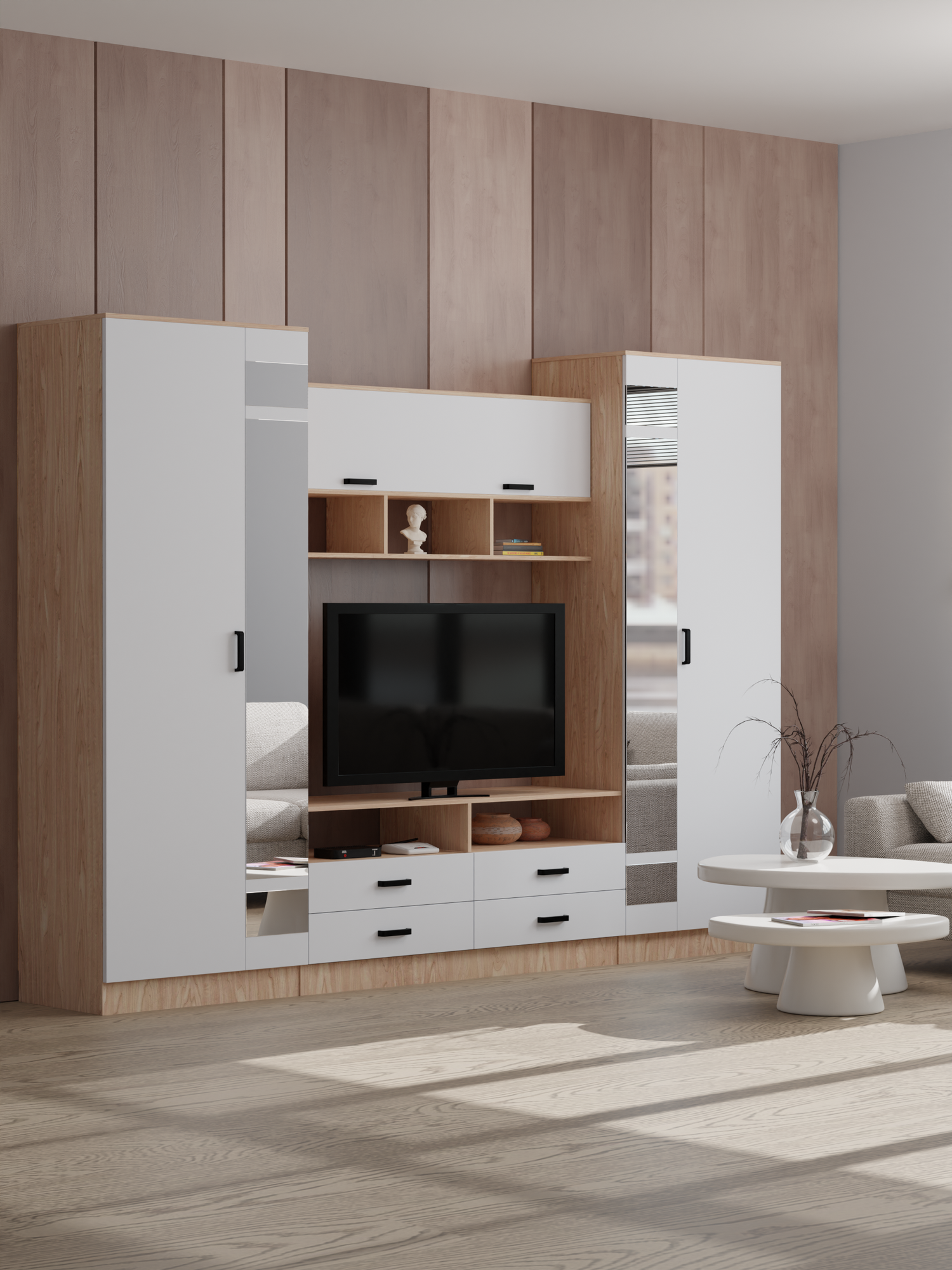 Гостиная стенка Палермо с распашными шкафами; 304*50*220 см; дуб крафт золотой/белый