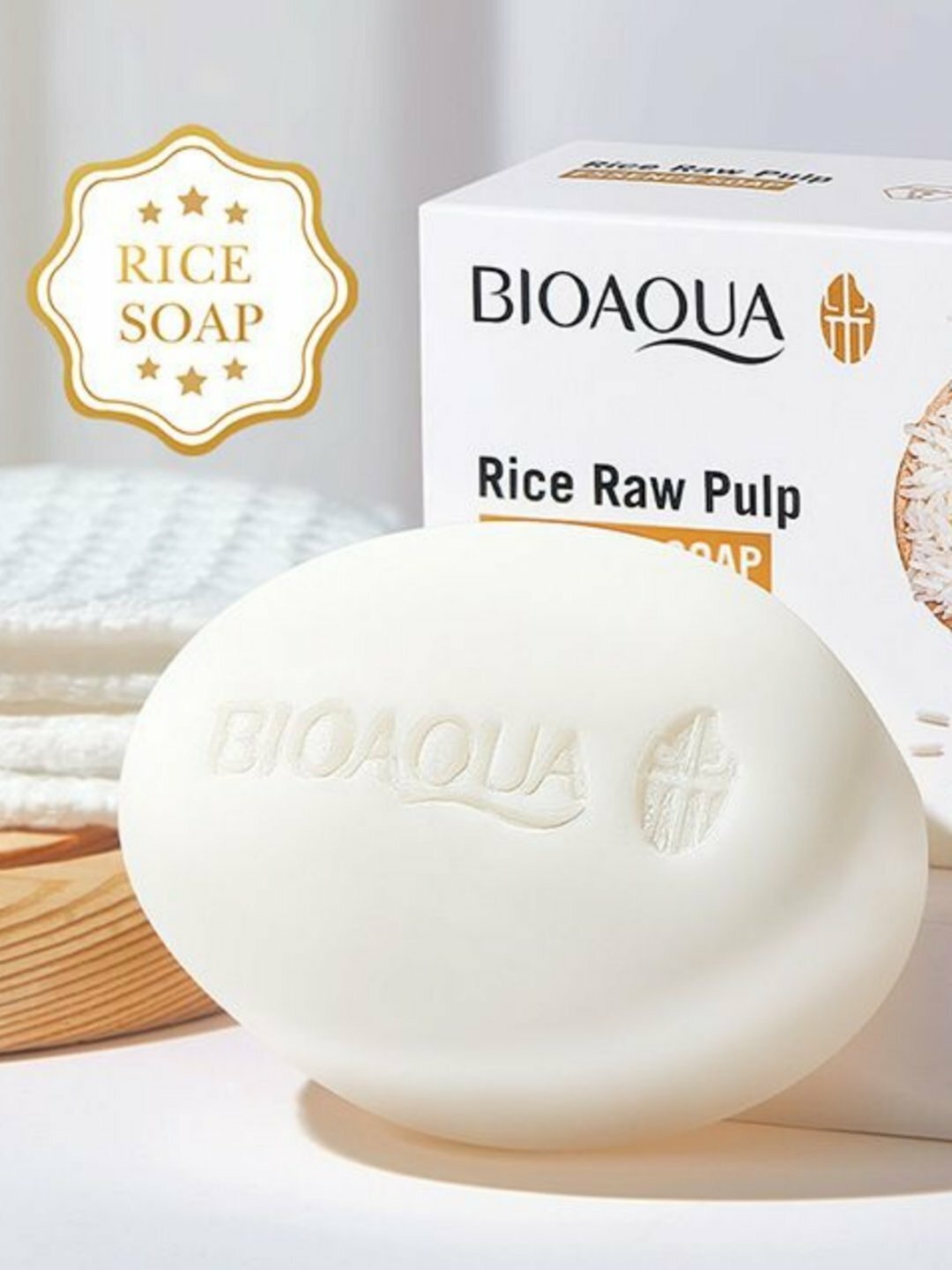 Мыло рисовое отбеливающее Bioaqua, с экстрактом риса и кокоса с сеточкой для взбивания пены