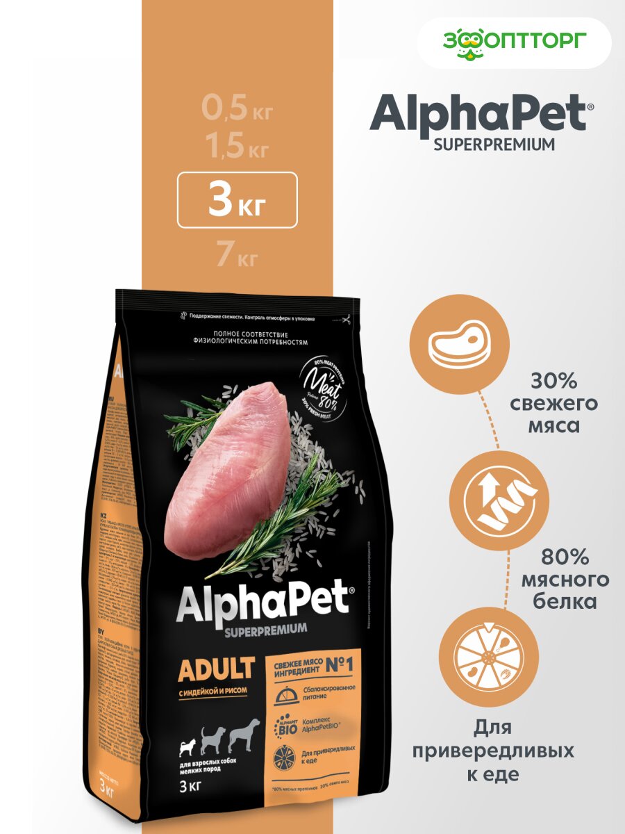 Сухой корм AlphaPet Superpremium для взрослых собак мелких пород Индейка и рис, 3 кг.