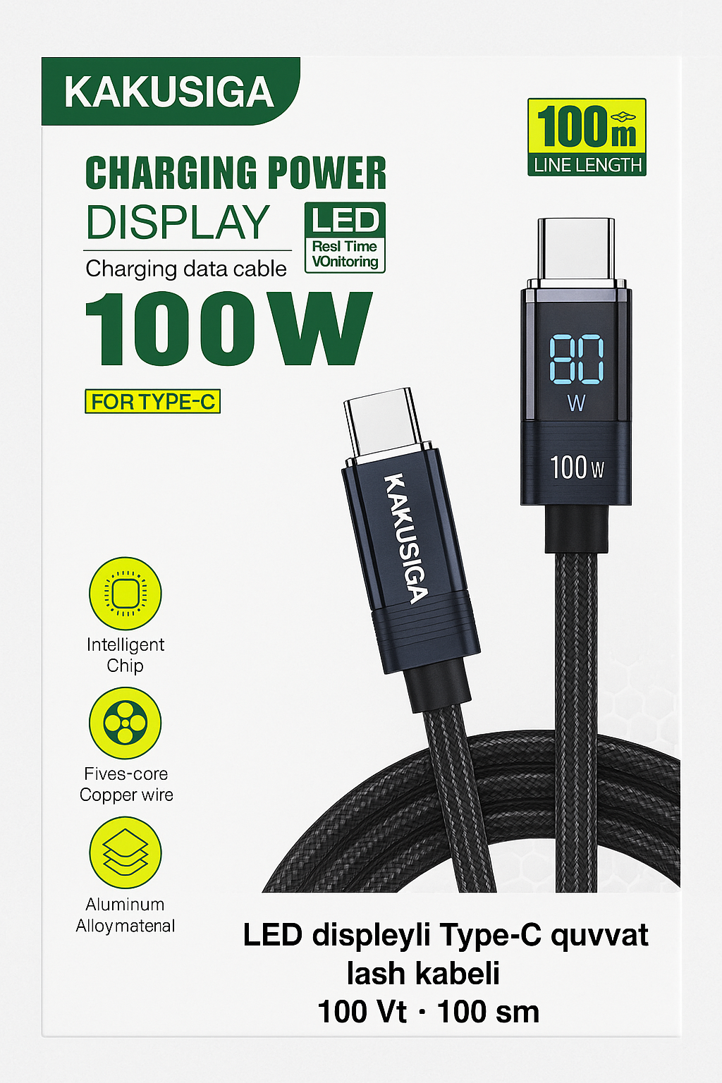 Кабель Kakusiga, для зарядки и передачи данных, Type-C, 100Вт, 1м, светодиодный дисплей, черный