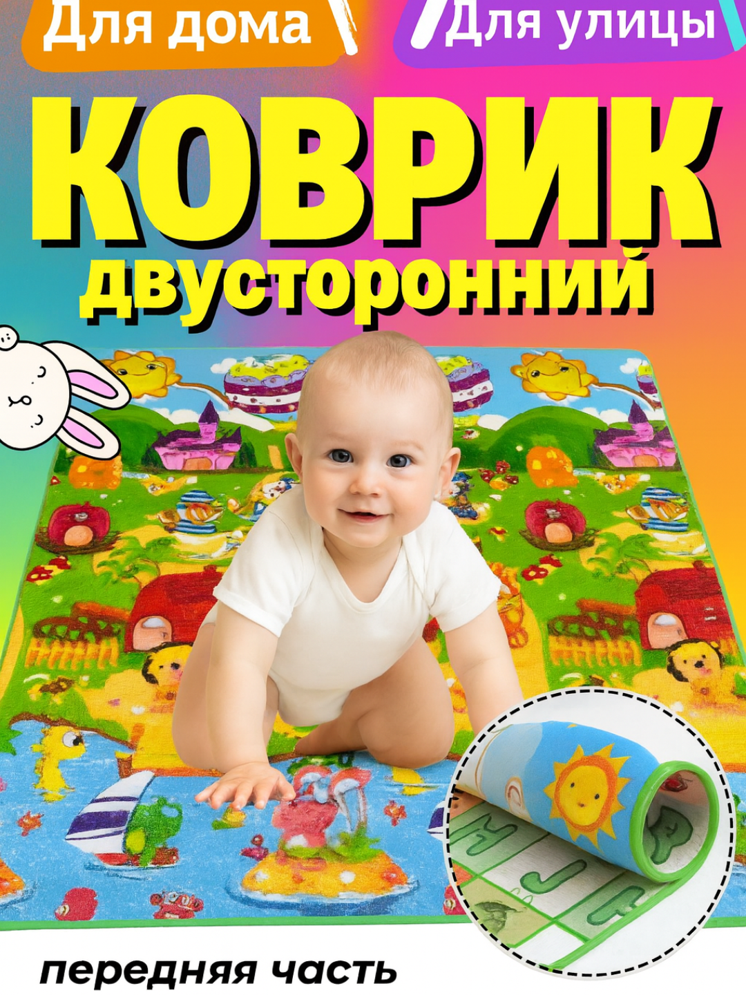 Двусторонний развивающий коврик для детей 200×180 см Алфавит и животные, EPE хлопок