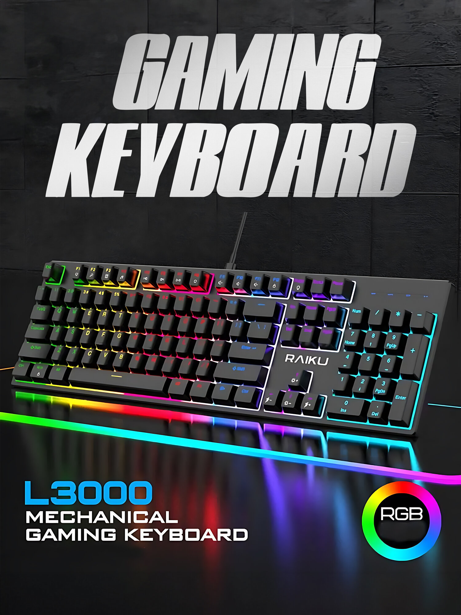 Механическая клавиатура RAIKU L3000 с RGB подсветкой, 104 клавиши, проводная игровая клавиатура