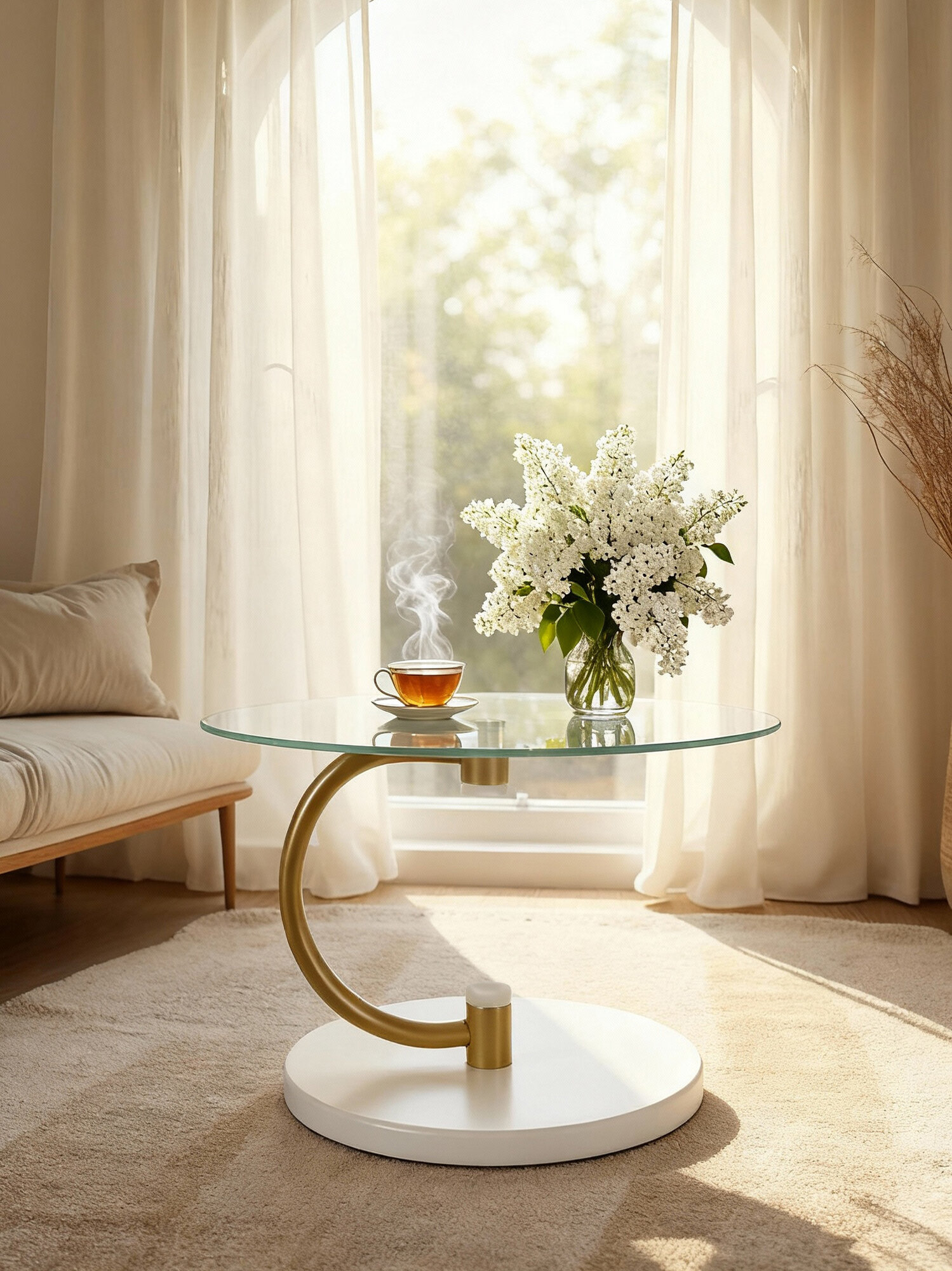 Стол журнальный IFERS Дуэт 13Н стекло, цвет золото/слоновая кость/прозрачное