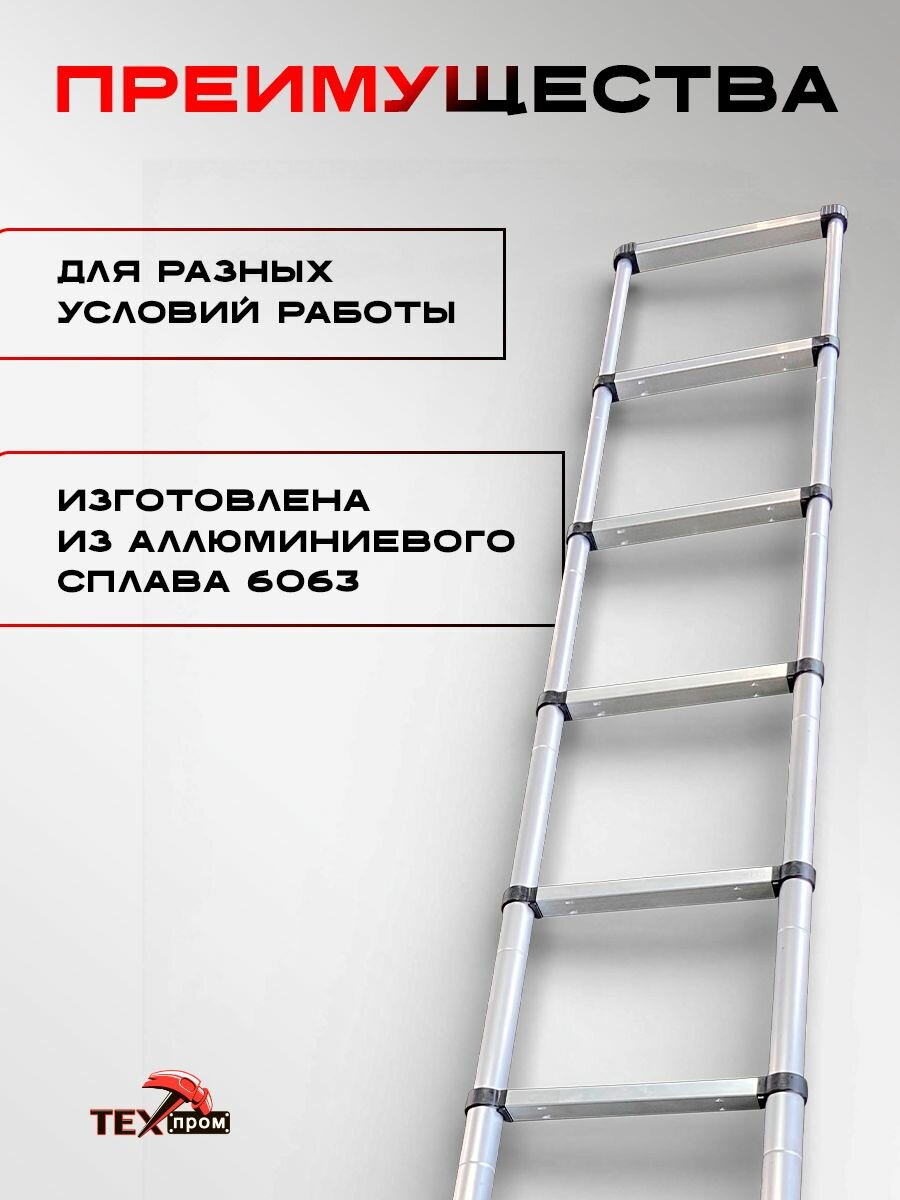 Лестница Техпром SW-T1029, алюминий, телескопическая, нескользящие ножки, 2,9 м — фото 1