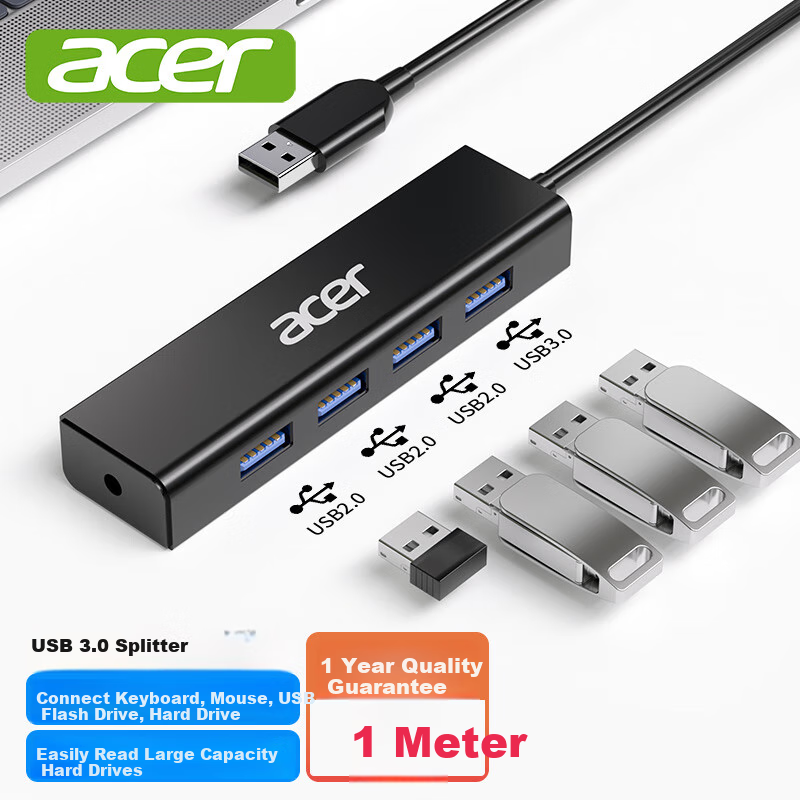 Acer USB 3.0 Splitter Expansion Dock Hub High Speed 4-Port Expansion Dock Adapter Suitable for Desktops Laptops One-to-Many Interface Converter Extension Cable 1 Meter
