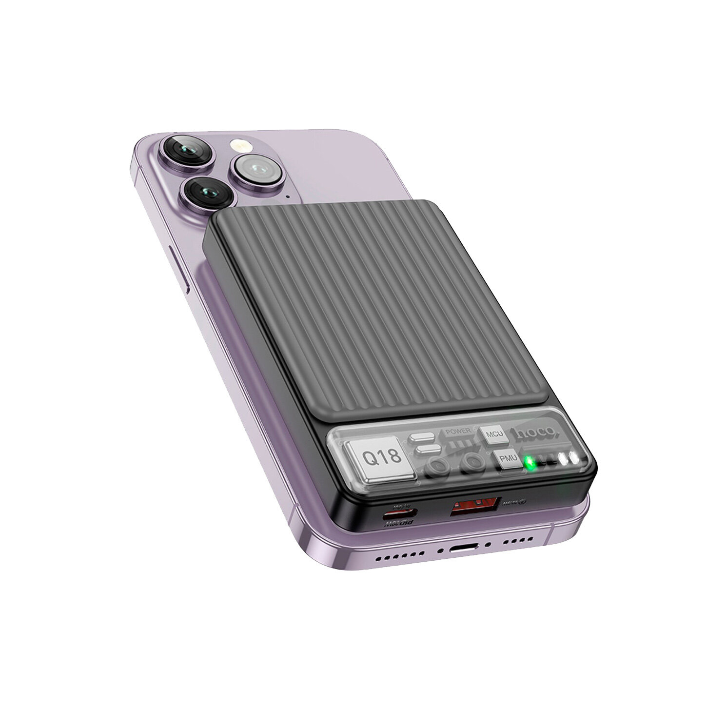Внешний аккумулятор Hoco Q18, беспроводная зарядка MagSafe, черный, 10000 mAh — фото 1