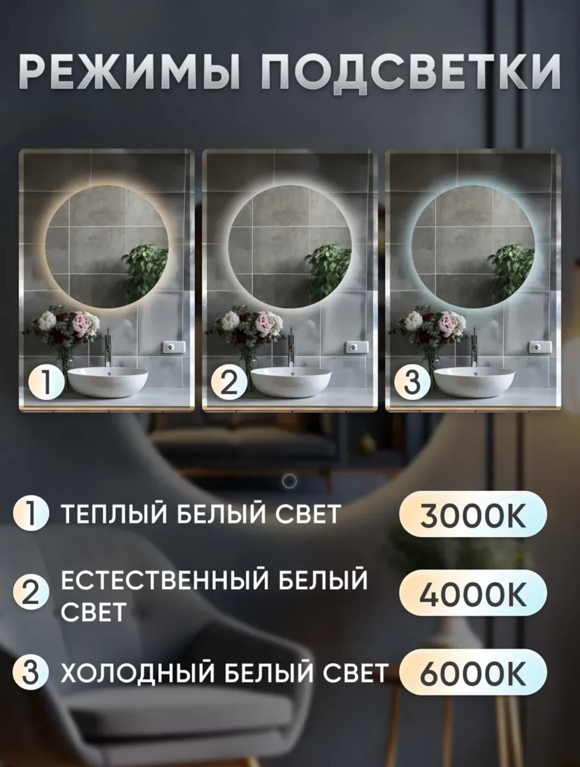 Зеркало настенное, фигурное, с подсветкой, на батарейках, 3 варианта света в1 — фото 1