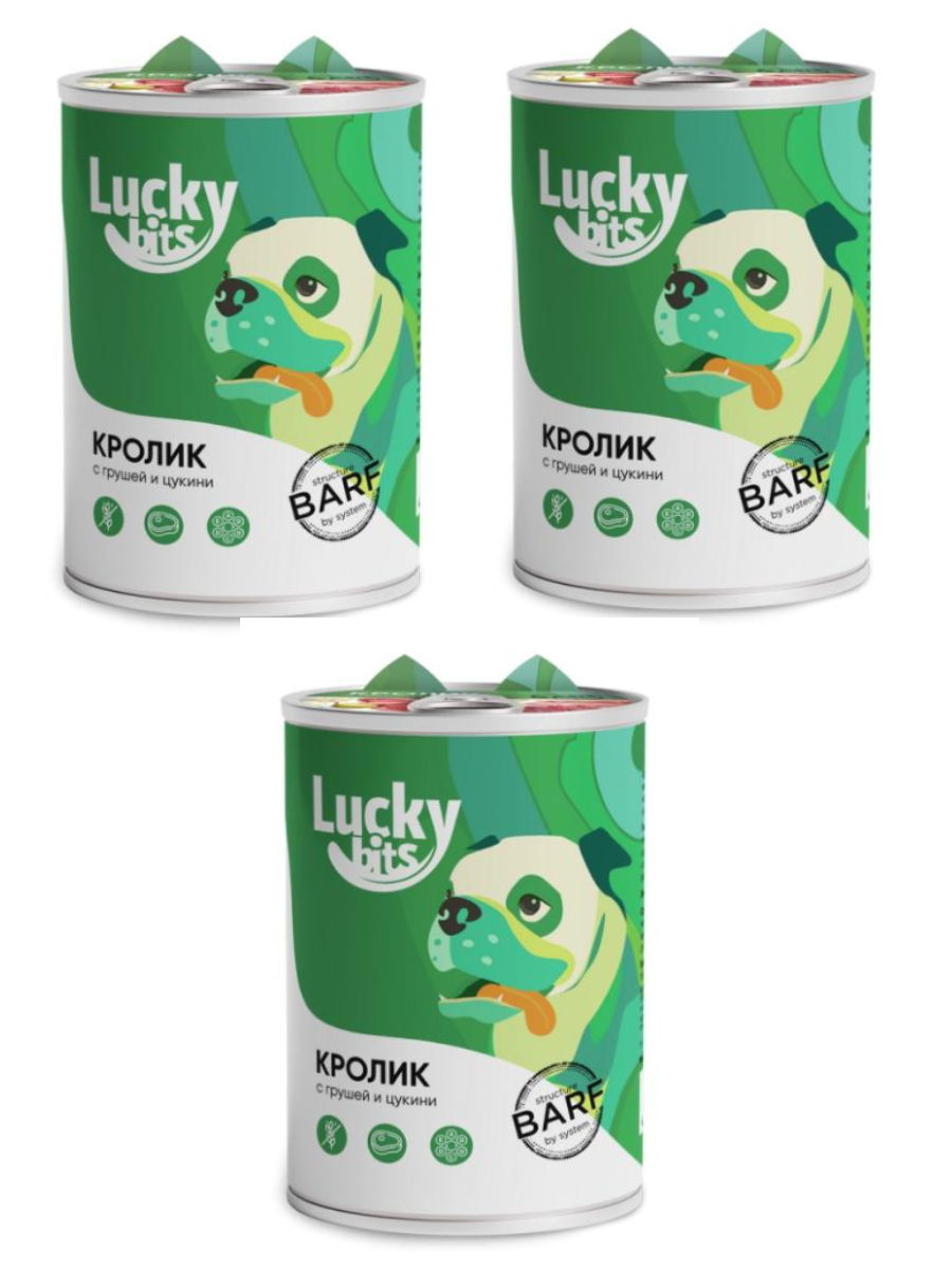 Lucky bits консервы для собак всех пород с 6 мес кролик с грушей и цукини 400г  3 штуки 