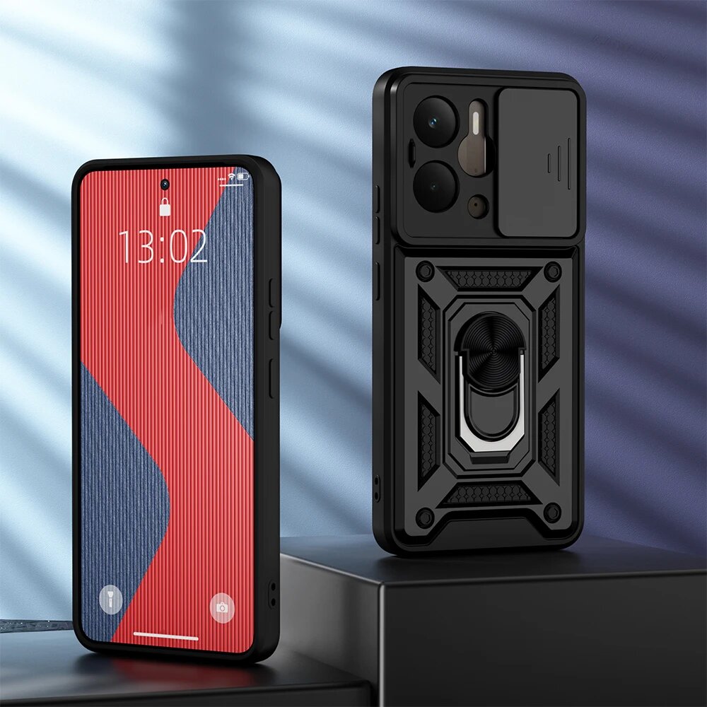 Противоударный чехол KEYSION для Realme 14 5G 14T 5G, защитное кольцо для объектива камеры, подставка для телефона, задняя крышка для OPPO Realme 14T 5G, Черный, for Realme 14 5G
