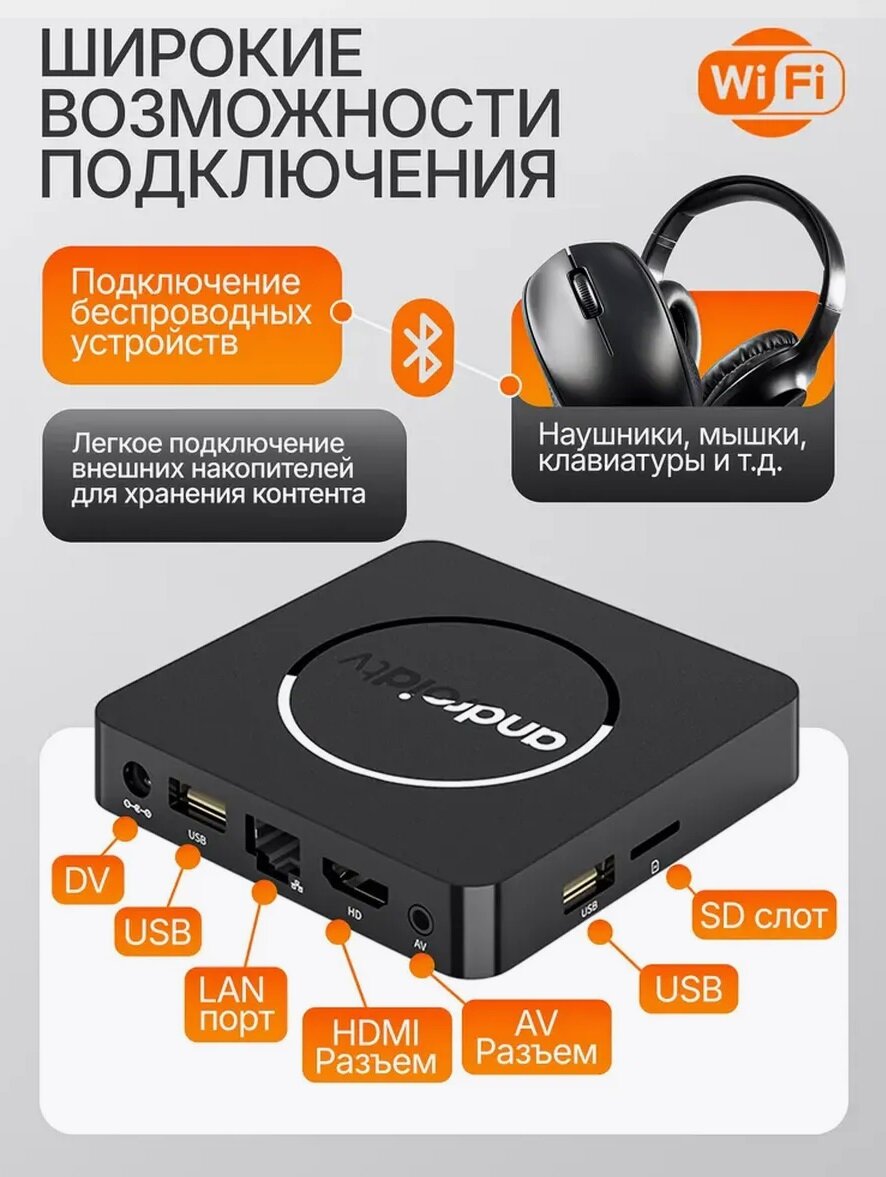 Смарт-ТВ приставка для телевизора Android TV UHD 4K, поддержка Wi-Fi и Bluetooth, 8 ГБ/128ГБ + бесплатные каналы — фото 1