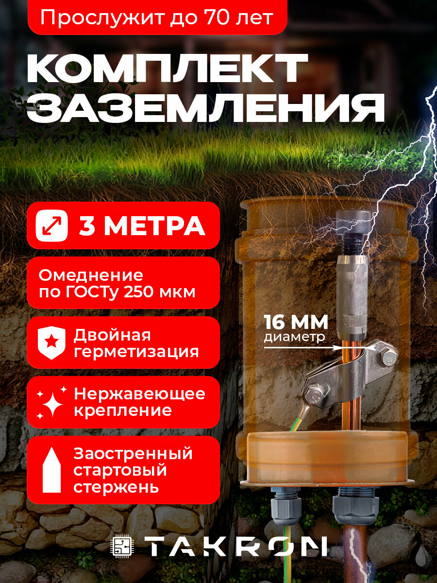 Заземление комплект 3 метра омедненная сталь 16мм / Стержень с острым концом TAKRON