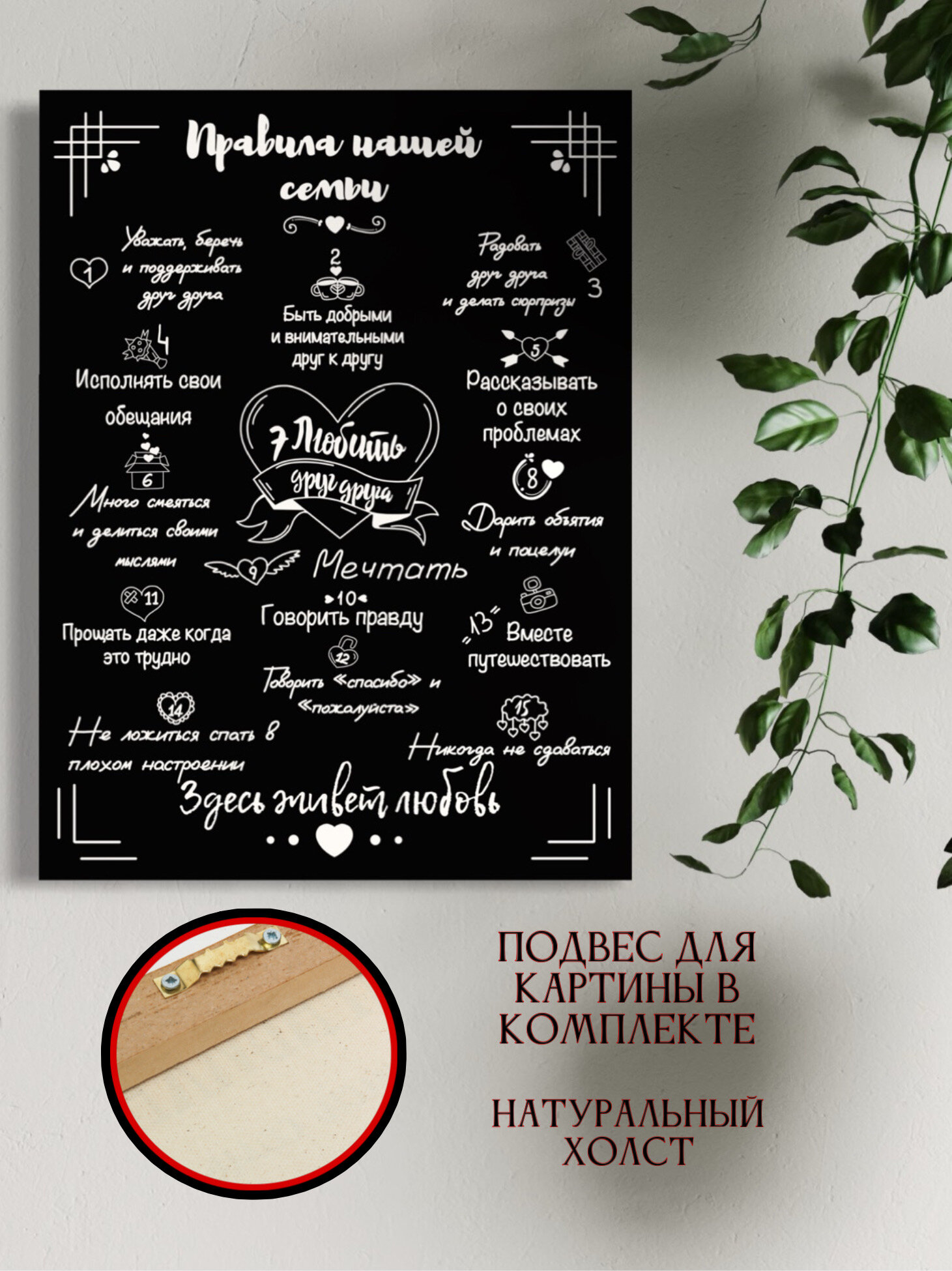 Картина для дома "Правила нашей семьи", на холсте, 30*40 см, А3 формат, черный — фото 1