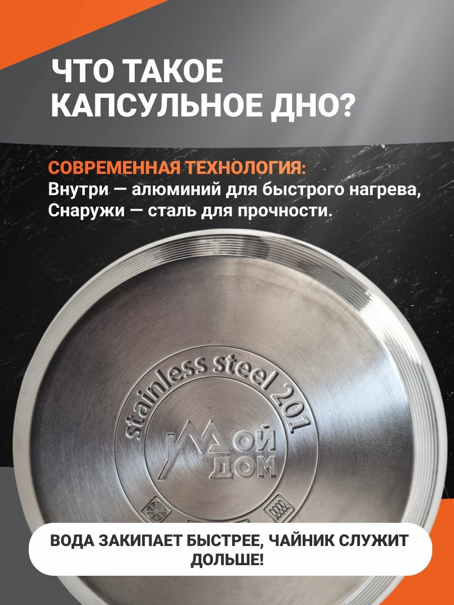 Чайник со свистком Мой Дом, нержавеющая сталь, 5л, серебристый — фото 1