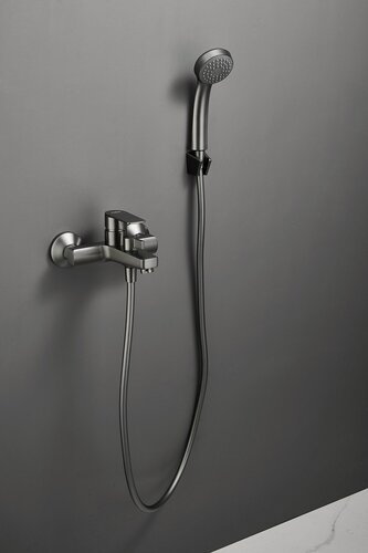 Изображение товара Смеситель для ванны серый с коротким изливом однорычажный с душем латунный Haiba HB60719-3