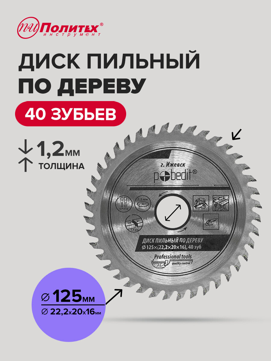 Диск пильный по дереву 125 мм 40 зубьев, Политех Инструмент