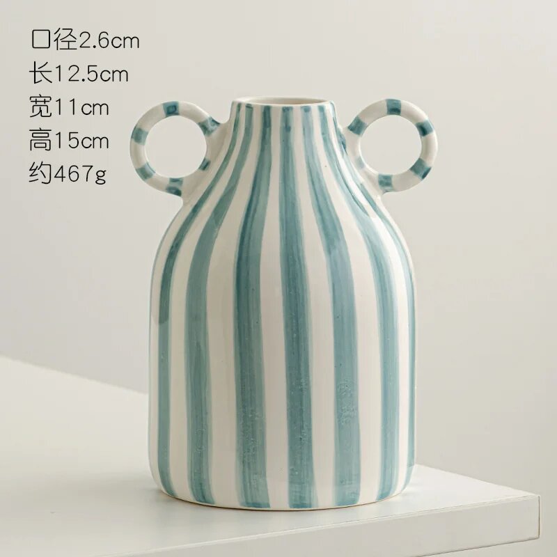 Забавная керамическая ваза для цветов с ручной росписью и двумя ушками, аксессуары для украшения гостиной, декоративные домашние декоративные настольные вазы, F