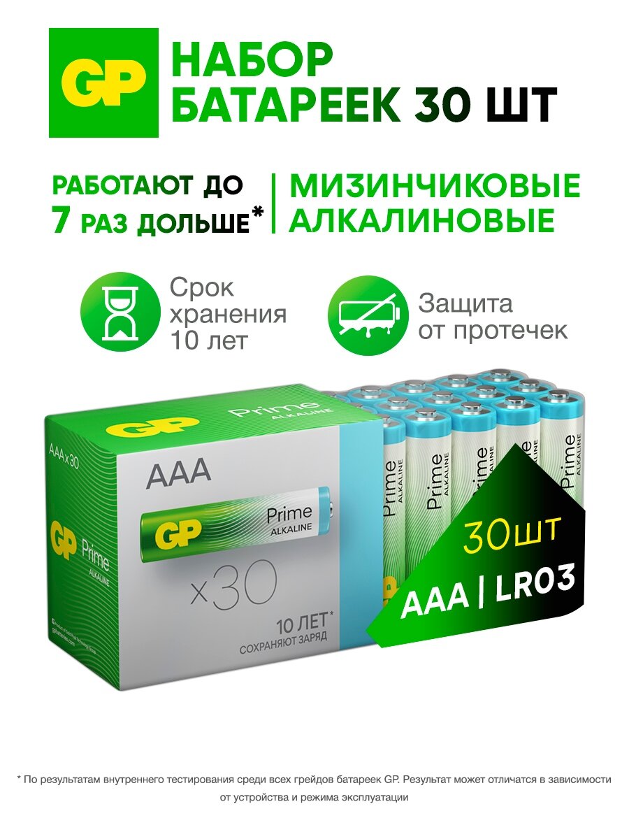 GP Батарейки ААА мизинчиковые алкалиновые Prime Alkaline, набор 30 шт