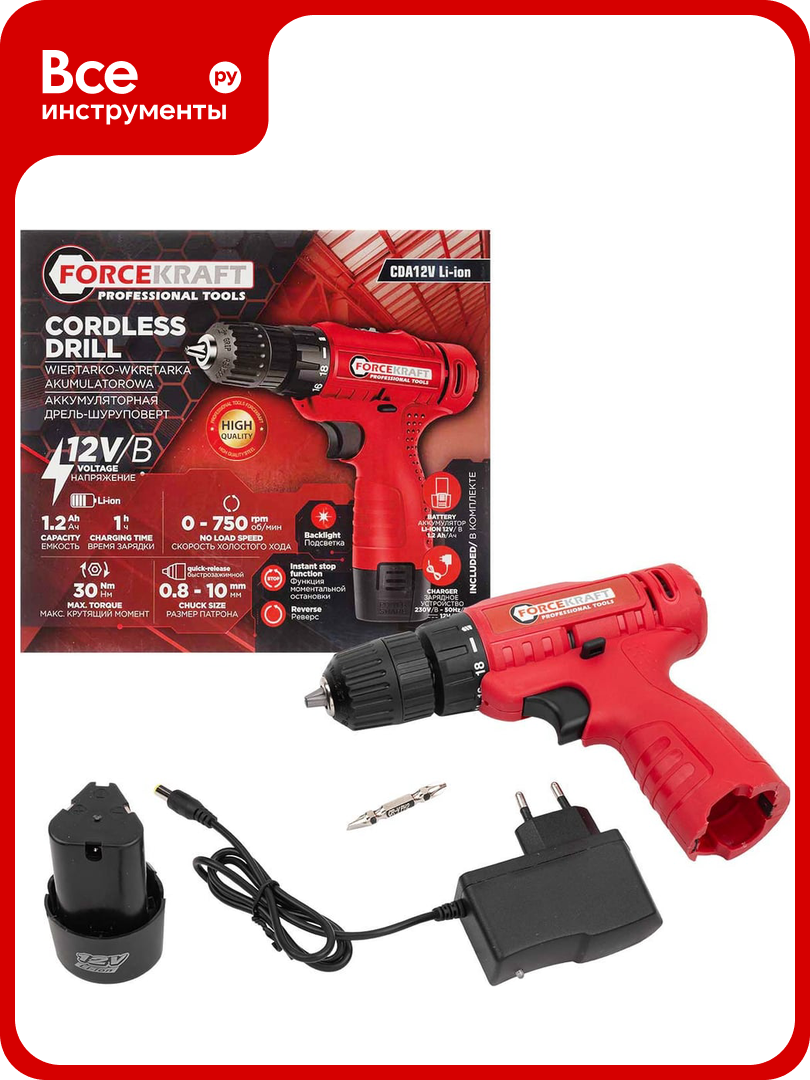 Дрель-шуруповерт аккумуляторная Forcekraft 12V 1.2Ah 30Нм патрон 0.8-10 мм FK-CDA12V Li-ion(61278)