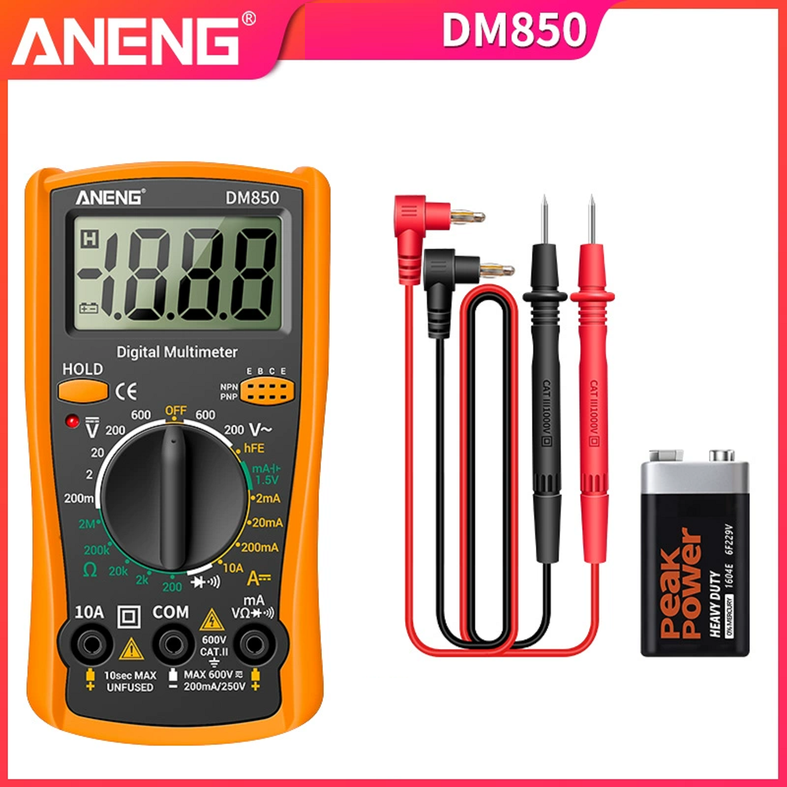 Цифровой Мультиметр ANENG DM850, измерения: V, A, R, функция hFE