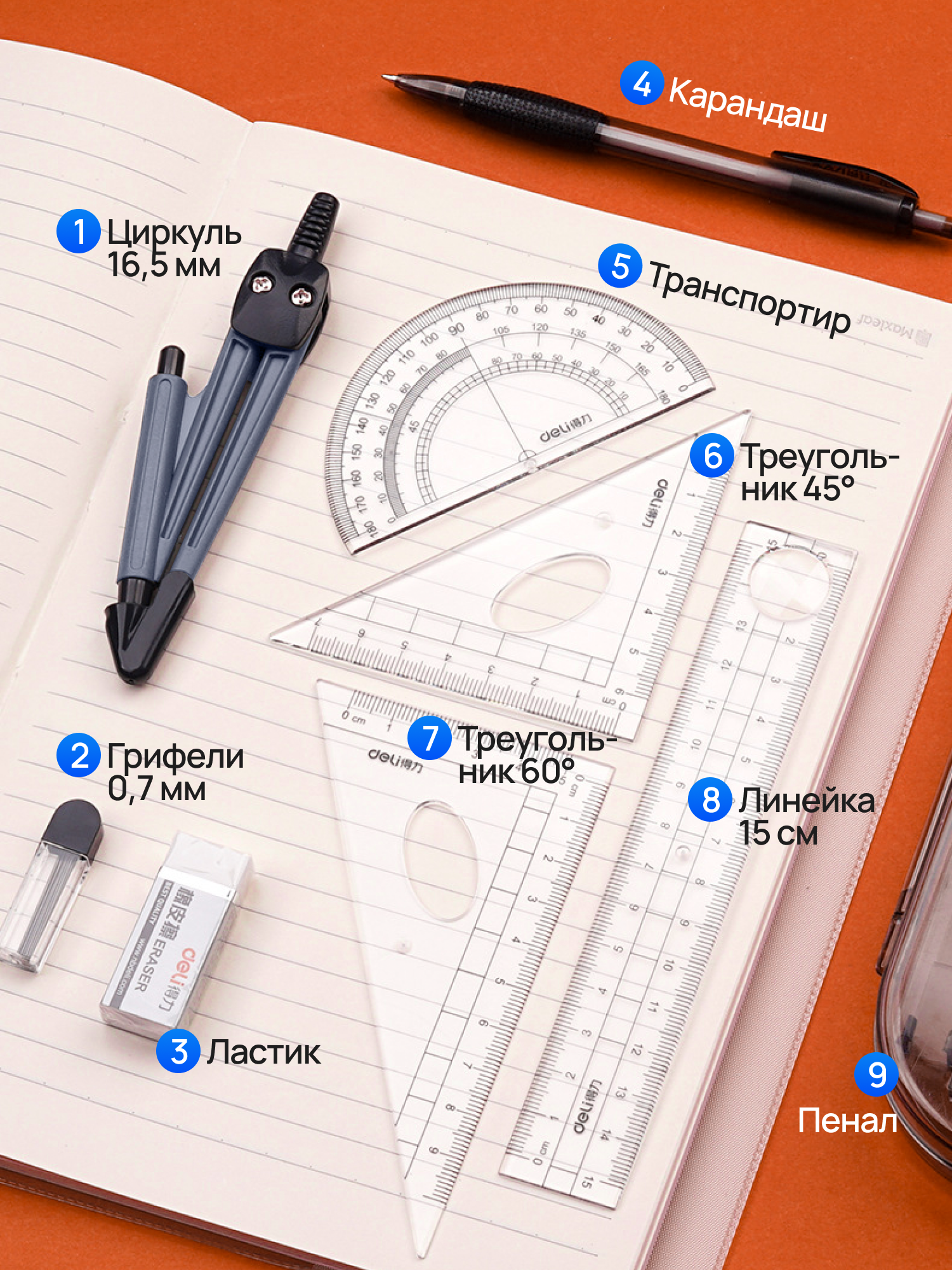 Картинки Школьный набор для черчения с циркулем, готовальня Xiaomi Deli (9 предметов)