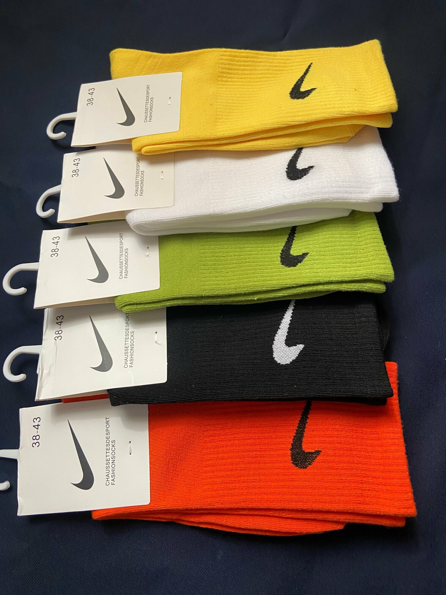 Носки спортивные NIKE, 5 уп., размер 38-43, красный, зеленый, черный, желтый, белый