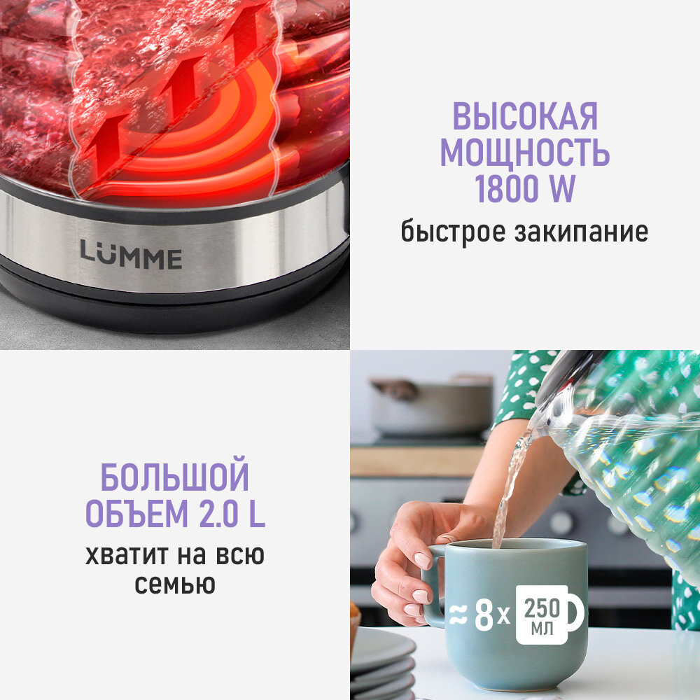 Электрический чайник LUMME LU-4103 красный рубин стеклянный с подсветкой 2 л — фото 1
