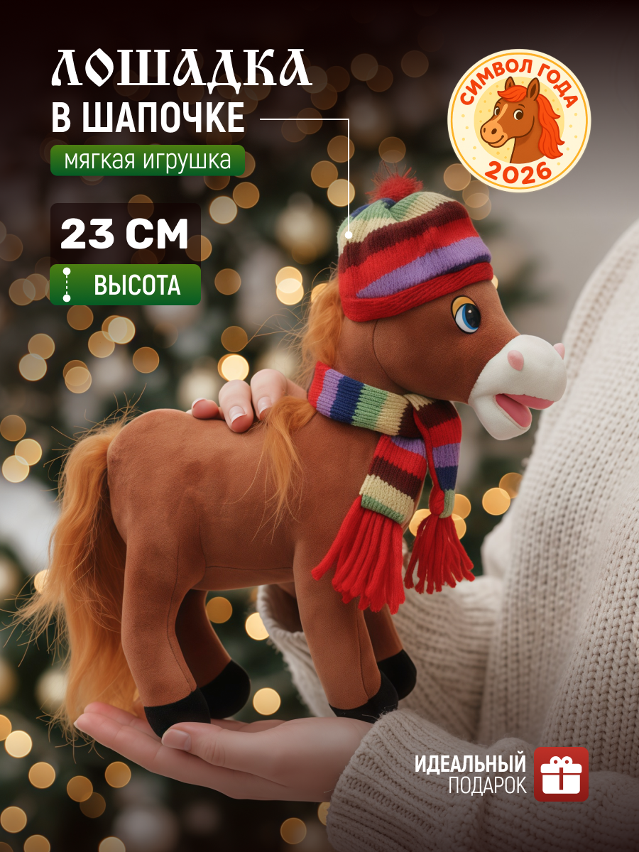 Игрушка мягкая новогодняя Лошадка в шапке N 3 коричневая Лошадь в ушанке символ года 2026 / Конь / Пони в шарфике