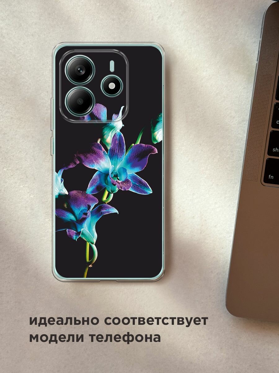 Чехол на Xiaomi Redmi Note 14 4G / Редми Нот 14 4G с принтом "Синий цветок на черном" — фото 1