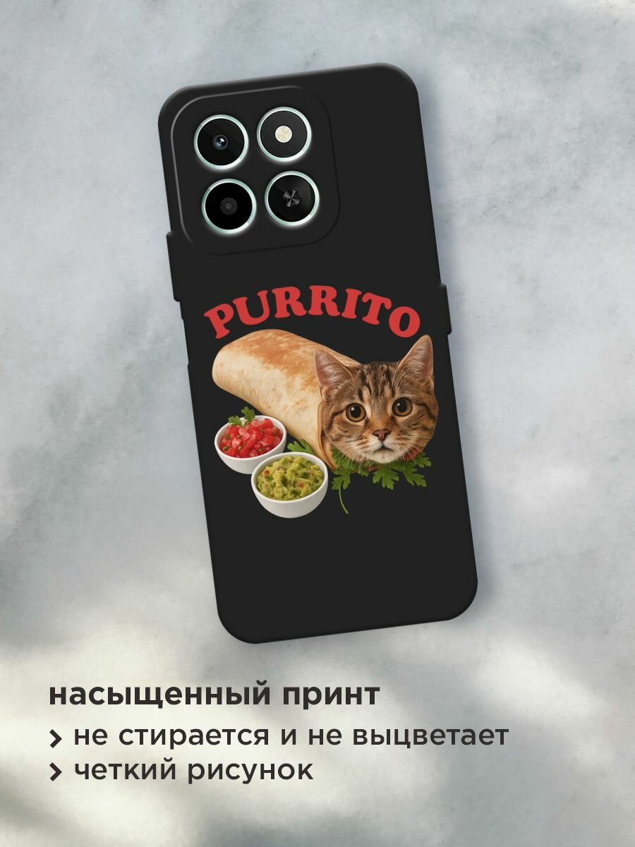 Черный матовый чехол на Honor X6c / Хонор X6c с принтом "Purrito" — фото 1