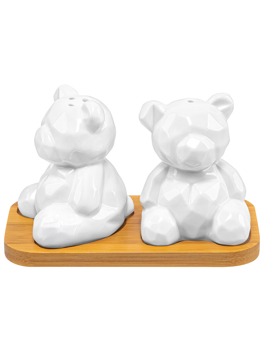 Набор для специй 2 предмета 14х7,2х8,5 см Elan Gallery Мишки на деревянной подставке — фото 1