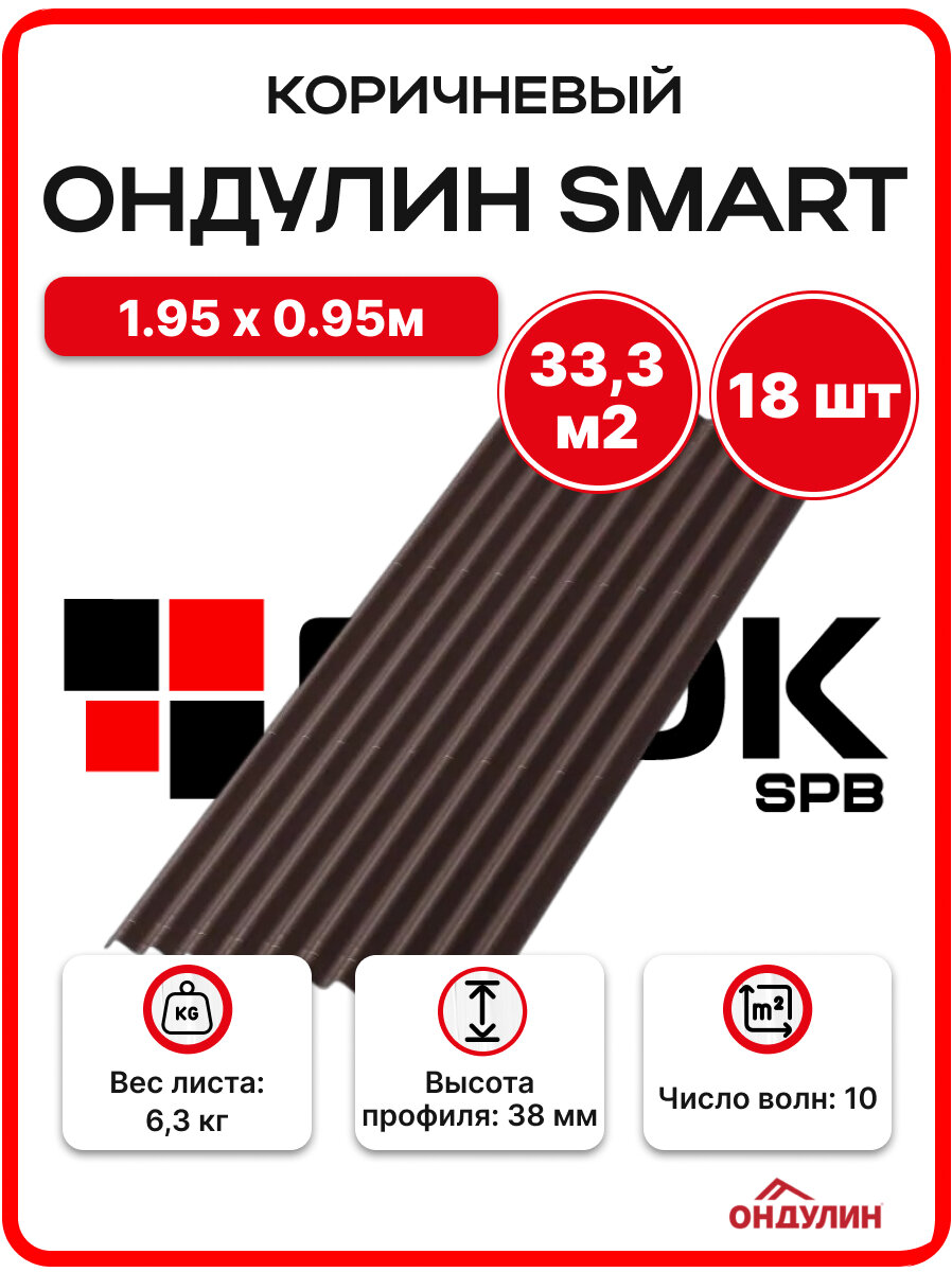 Ондулин SMART 1.95х0.95м коричневый - 18 листов/связка 333м2