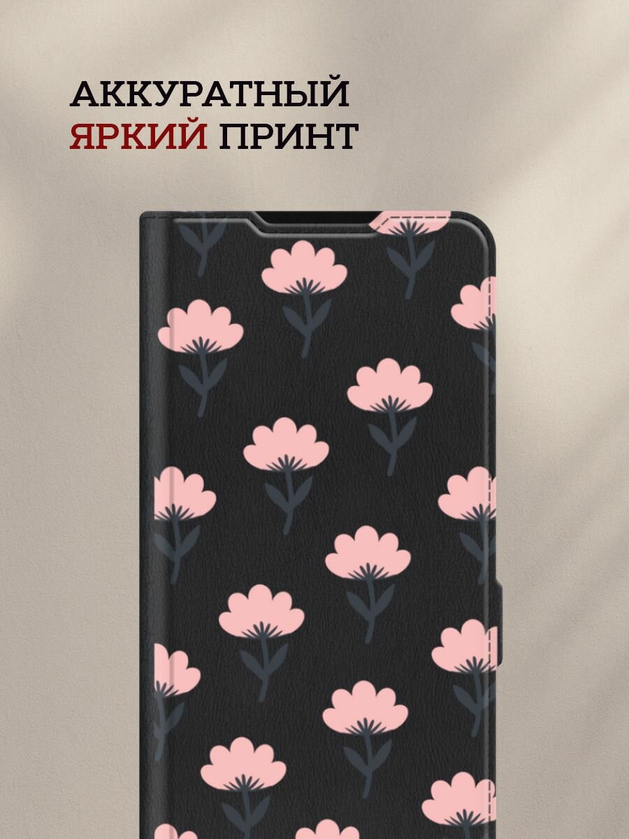 Чехол-книжка на Honor 90 Lite / Хонор 90 Лайт с принтом Паттерн облачные цветы, черный — фото 1