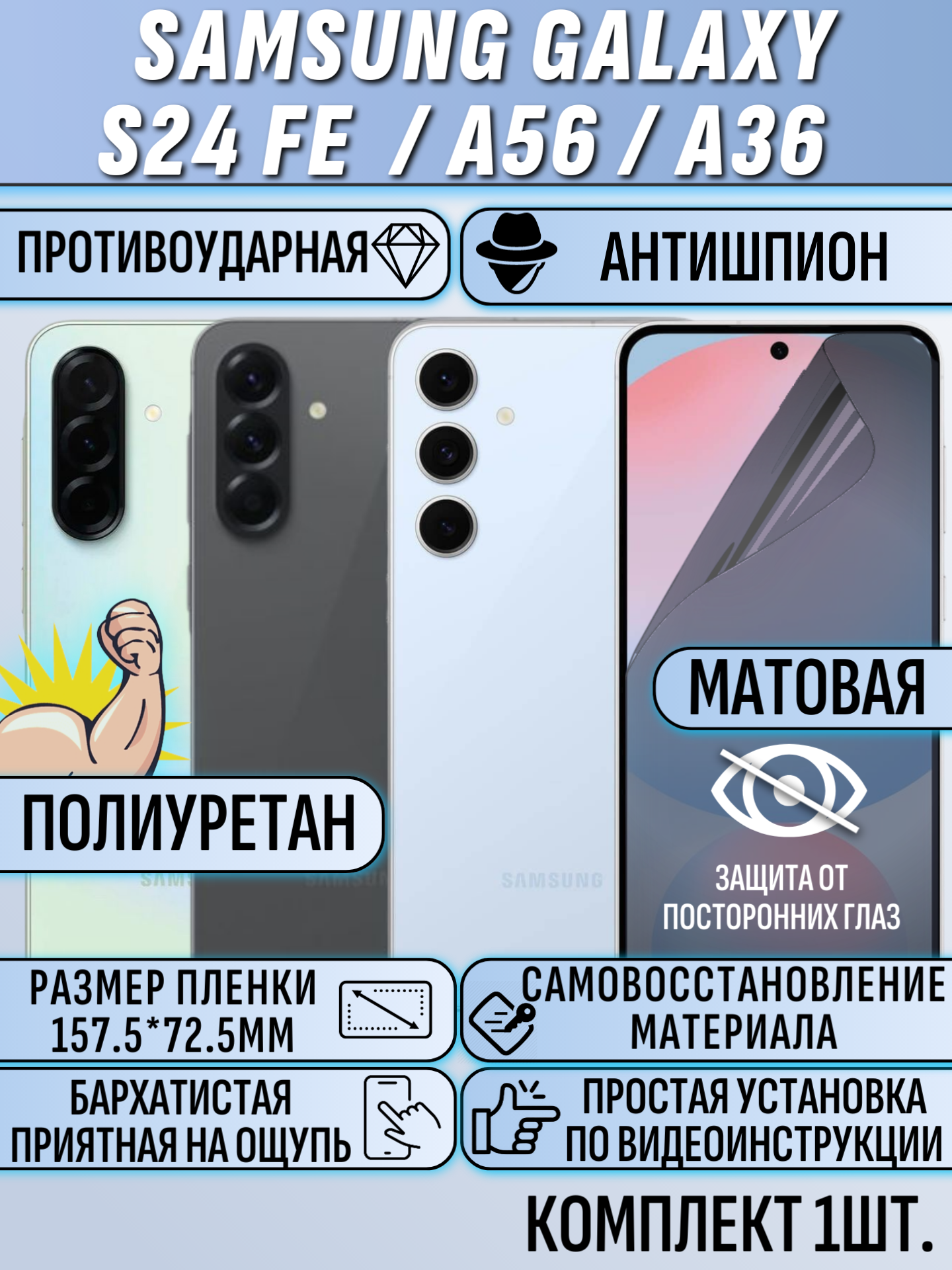 Гидрогелевая пленка для Samsung S24 FE A56 A36 антишпион матовая