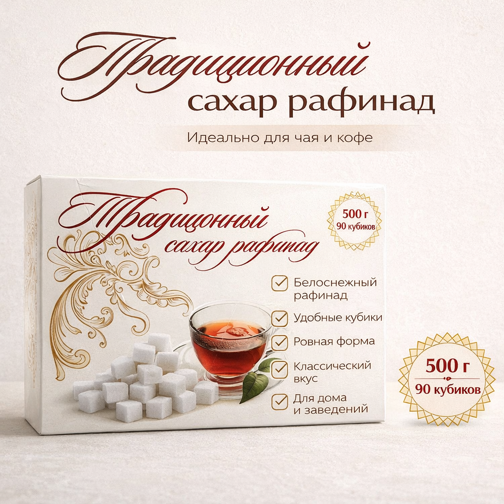 Традиция Сахар Рафинад – 500 г (96 кубиков) – натуральный прессованный сахар для чая и кофе