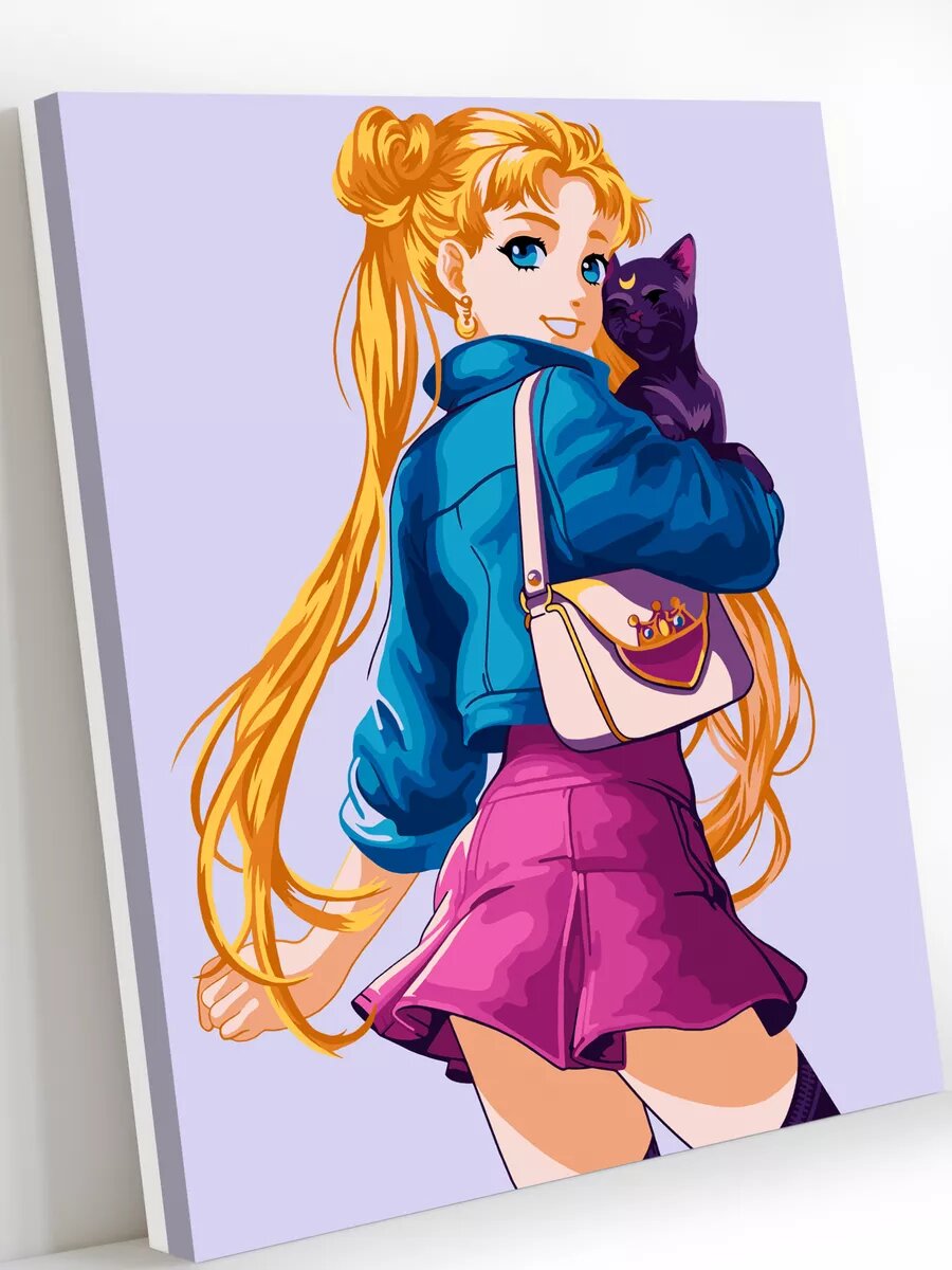 Картина по номерам на холсте с подрамником 40х50 см Сейлор Мун и котик