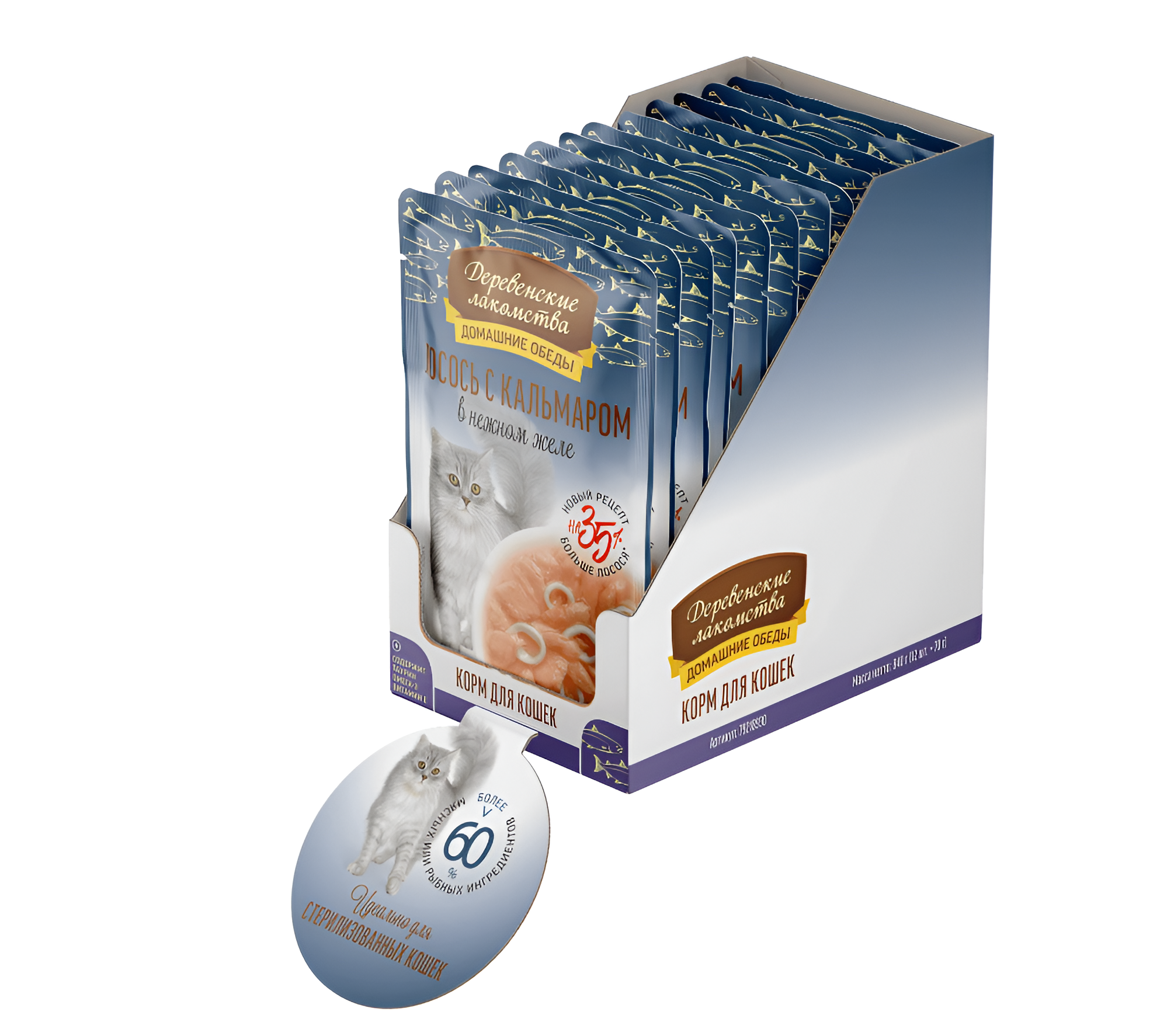 Деревенские лакомства Домашние обеды консервы для кошек лосось с кальмаром в нежном желе пауч 70 г х 12 шт