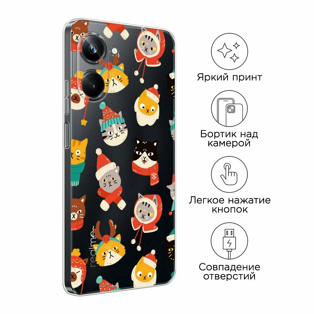 Чехол на Realme 10 Pro / Реалми 10 Про с принтом Праздничные котики, прозрачный — фото 1