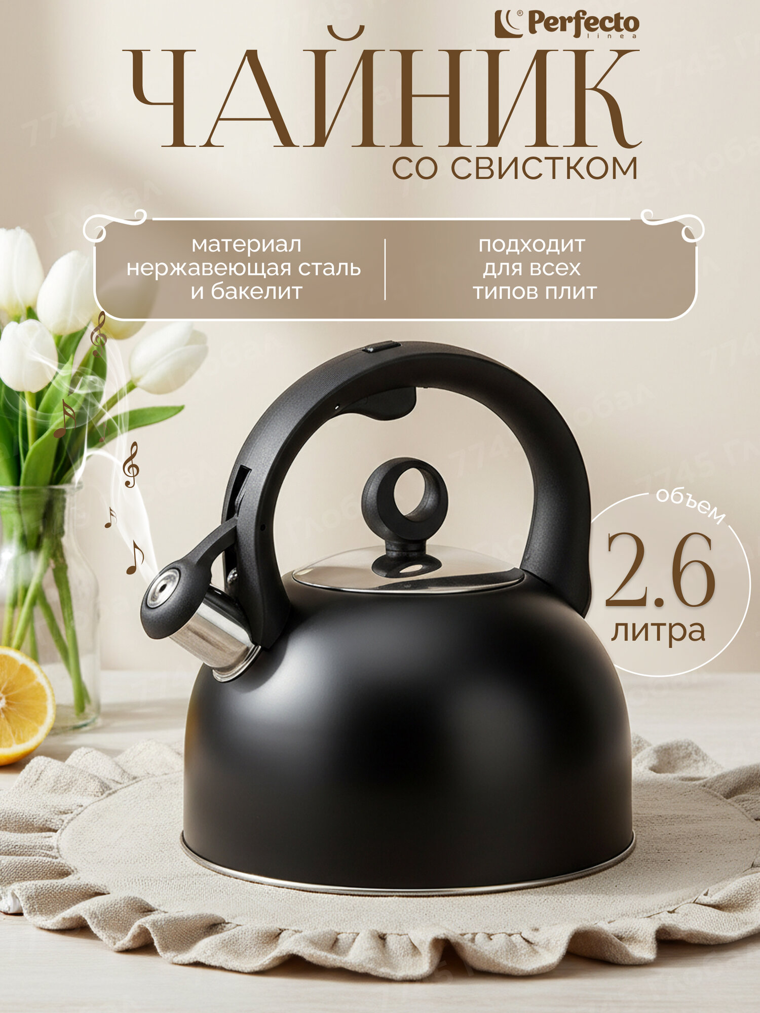 Чайник со свистком PERFECTO LINEA Eclipse 3 л 52-034303 нержавеющая сталь, черный, для всех типов плит